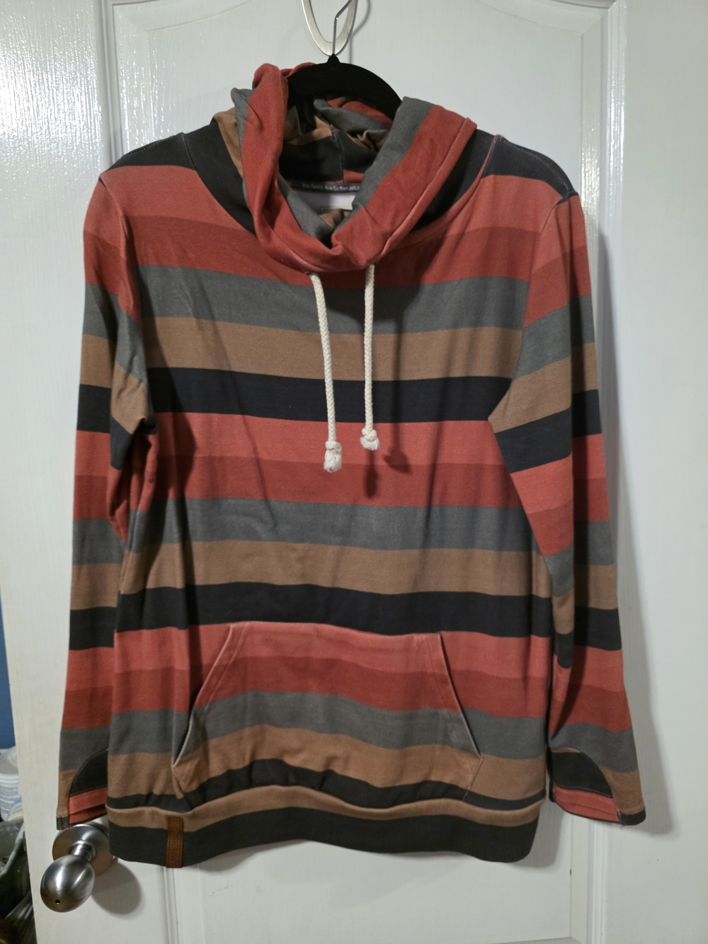 Striped Hooded Pullover Shirt - Coral, Gray & Brown